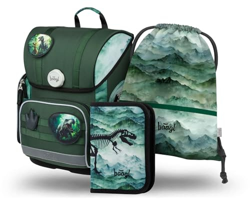 Baagl Schulranzen Jungen Set 3 Teilig, Ergo Schultasche für 1. Classe, Ergonomische Grundschule Ranzen Tornister mit Brustgurt, Dino, Ensemble Sac à Dos d'école