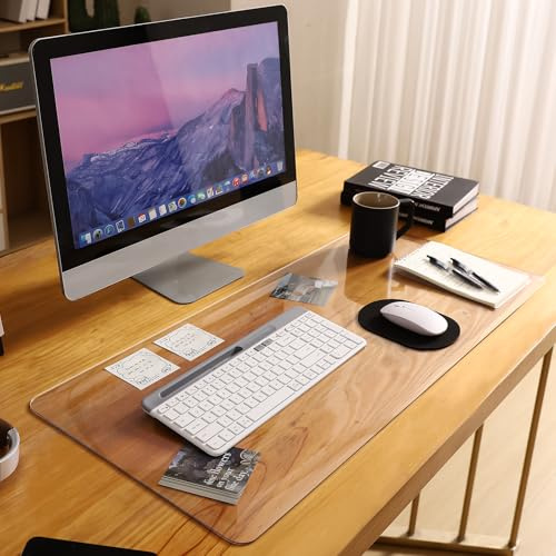Yanen Schreibtischunterlage Transparent, 90 x 40 cm, PVC klare große Tischmatte, rutschfeste runde Kanten, wasserdichter Tischschutz, Schreibtischmatte für Büro, Zuhause, Schule
