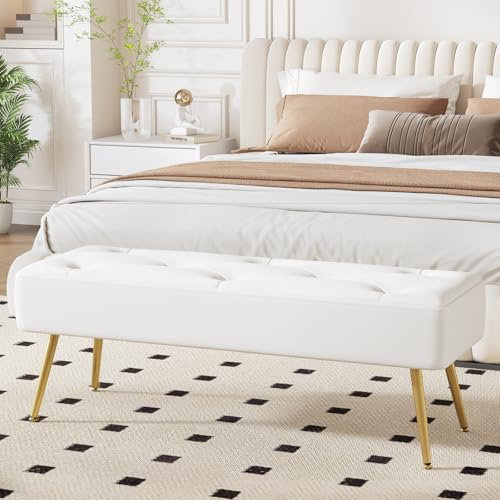 Ckaff Sitzbank Polsterbank, Bettbank Schlafzimmerbank 113.5x36.5x43cm, Schminkbank Flurbank Fußhocker Schuhbank Esszimmerbank mit Metallbeinen aus Kunstleder für Schlafzimmer Wohnzimmer Flur, Weiß