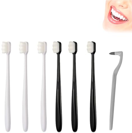 Hsyadazi 6 cepillos de dientes suaves (3 blancos + 3 negros) con 20.000 cerdas + 1 limpiador lingual – Cepillo de dientes suave para encías sensibles