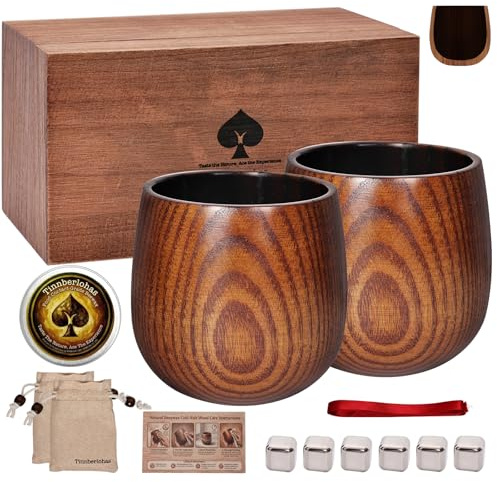 Tinnberlohas Charred Wooden Whiskey Glass Set of 2 – Durable Bourbon Glass for Men, Insulated Old Fashioned Glass – Whiskey Gifts for Husband, Dad, Brother – Birthday, Christmas, Father's Day