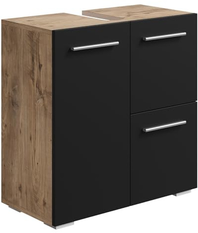 Badplaats Waschbeckenunterschrank Mars 60 x 30 cm Kastanien Eiche mit Schwarz Matt - Stehender Badezimmerschrank mit 2 Türen und 1 Schublade