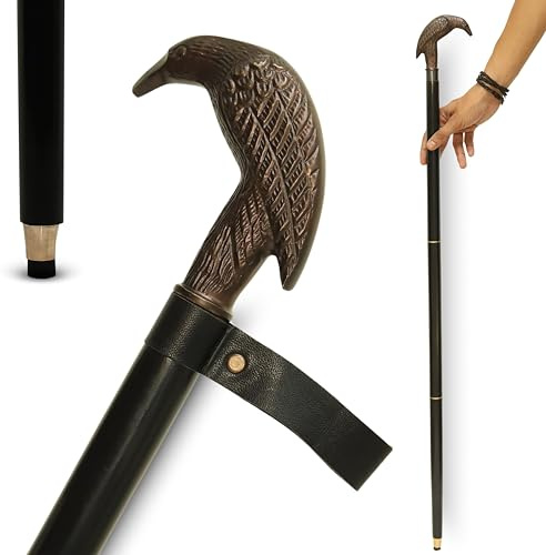 Schwarzer Gehstock mit Rabenkopfgriff, massiver Holzstock mit antikem Messing-Finish, Vogel-Design und Lederband, stilvoller Vintage-Stock für Damen und Herren