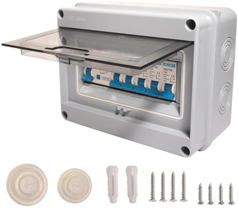 Shengbowi Consumer Unit Breaker 4 Way IP65 Waterproof Circuit Breaker Panel Garage Anti-Leakage Caravans Workshops Fuse Box 63A 30mA RCD 2x6A+10A+20A+32A MCB