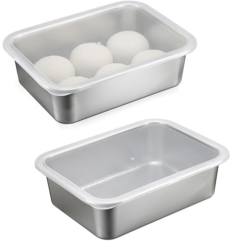 SUMNACON 2pc Stainless Steel Pizza Dough Proofing Box with Lid, 36*27*10cm | Household Pizza Dough Container Dough Proofing Tray Large Capacity Storage Box Organizer Cake Carrier Container