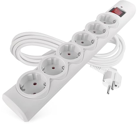 EMOS - Überspannungsschutz-Steckdosenleiste mit LED-Anzeige, 6fach, 3m Kabel - 6 Schuko-Steckdosen 45° gedreht, Schalter, erhöhter Berührungsschutz - max. Last 2300W / 10A - PVC für Innen - weiß