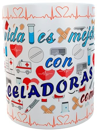 Siempre en tu mano Taza Personalizada CELADORAS. Frase La vida es mejor con CELADORAS como tú. Y tirita con NOMBRE. Taza de Cerámica.