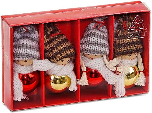 BRUBAKER 4-teiliges Set Weihnachtswichtel aus Holz und Strick | Baumanhänger Weihnachtsanhänger - 8 cm in Geschenkbox Rot