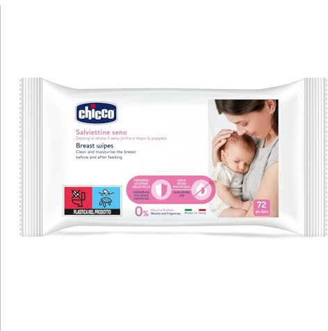 Chicco Brustreinigungstücher, sicherer und effektiver Schutz, nähren und befeuchten die Haut, geschmacksneutral, Verwendung ohne Ausspülen, ohne Alkohol, ohne Parfüm - 72 Stück