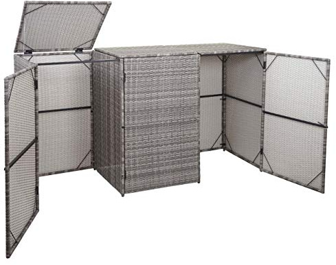 Mendler 3er-Mülltonnenverkleidung HWC-E25 Poly-Rattan 3x120l - grau | Mülltonnenbox, Mülltonnenabdeckung