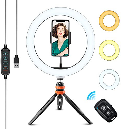 Anillo de Luz LED, WOWGO 10'' Aro de Luz con Trípode, 3 Colores 11 Brillos Regulables Bluetooth Control Remoto, Soporte Giratorio de teléfono para Selfie, Maquillaje, Youtube, TIK Tok Live