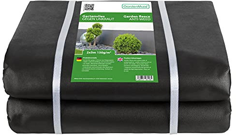 GardenMate 10m² Unkrautvlies Gartenvlies Plane 2mx5m - 150g/m² Premium Unkrautfolie wasserdurchlässig - Extrem Reißfestes Flies Gartenflies Gartenfolie Beetfolie Pflanzfolie - Hohe UV-Stabilisierung
