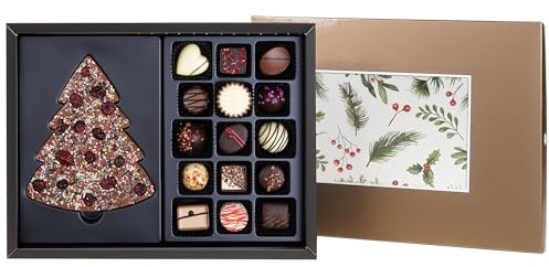 CHOCOLISSIMO - Weihnachtspralinen - Schokolade Geschenk Weihnachten - 15 Pralinen und 1 Schoko Weihnachtsbaum - Weihnachtsschokolade, Nikolaus Geschenke Frauen, Männer - Xmas ChocoPostcard Maxi Gold