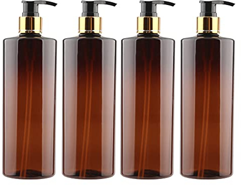 ZEOABSY 4 Stück 500ml Leere Lotionspender Gelspender Braun Kunststoff Flasche mit Gold/Schwarz Lotion-Spender Nachfüllbare zum befüllen für Badezimmer Shampoo Öl