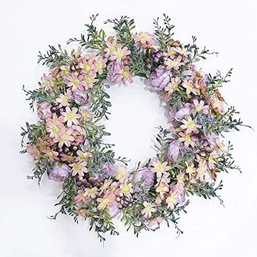 HAOSHICS Künstlicher Blumenkranz zum Aufhängen, künstliche Girlande für die Haustür, Kranz, künstlicher Kranz für Tür, Hochzeit, Party, Zuhause, Wand, Fensterdekoration (rosa Gänseblümchen)