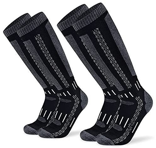 Busy Socks 2 Pack Men's Knee High Heated Wool Socks for Skiing Snowboarding, Snowboard 40% Wool Performance Support Boot Socks for Women, Large, Black/Dark Grey
