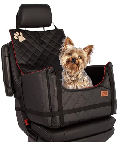 Golden Dog - Transportbox Hund mit Sicherheitsgurt S-45x35x33 cm - Leder Imitation Autositz Hund, Wasserdicht Hundesitz Auto - Beifahrersitz Hundebox Faltbar - Anschnallgurt Hundekorb Auto, Schwarz