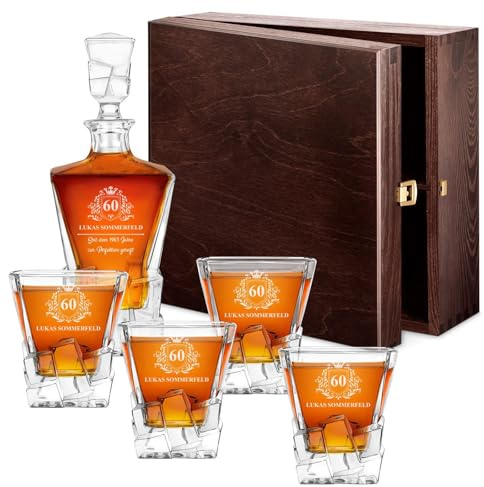 Maverton 950 ml Whiskey Karaffe + 2/4 / 6er Whiskygläser Set mit Gravur - Whisky Dekanter - luxuriöses Design - Kristallglas - für Männer zum Geburtstag - Weihnachtsgeschenke - Krone