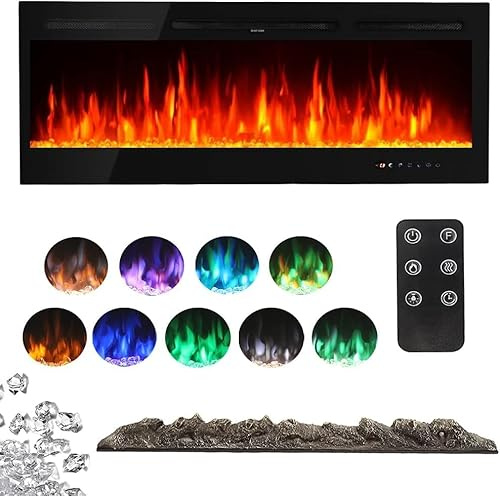 INMOZATA Wall Mounted Electric Fireplace 70inch Large Insert Recessed Media Wall Electric Fire Crystals Log Effect Flame Fire 12 LED Color with Remote Control