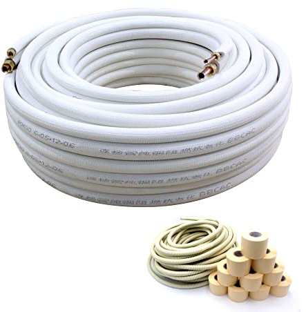 Air Conditioning Copper Tubing Pipe Extension Set,100 Ft Copper Pipes 1/4 & 3/8 PE Thickened for Mini Split AC and Heating Equipment Insulated Coil Line Set HVAC Refrigerant. (1/4 + 1/2 WITH NUTS）