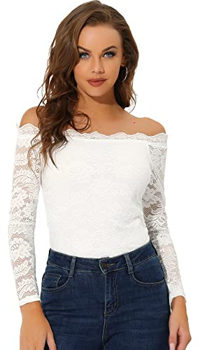 Allegra K Damen Off Shoulder Spitzenbluse Langarm Schulterfrei Oberteil Blumen Transparent Carmenbluse Elegant Top Trachtenbluse Weiß S