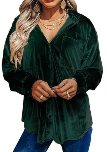 Kedera Womens Velvet Long Sleeve Button Down Shirt Jacket Retro Blouse Lapel Tunic Tops, B-Green, XL