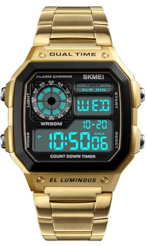 SKMEI Watches for Men,Military Digital Sports Square Gold Watch with Waterproof Dual Time Chronograph Countdown Alarm Backlight