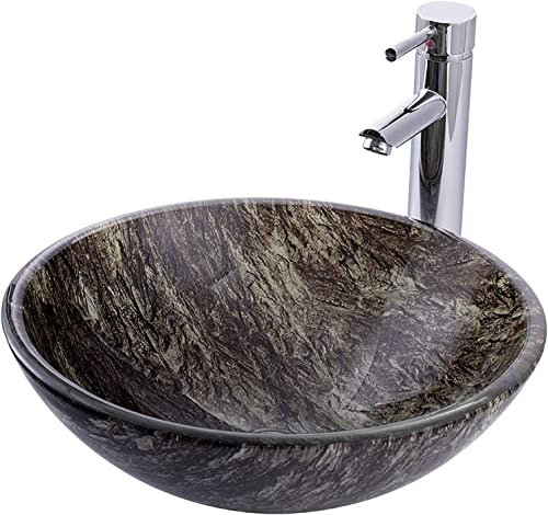 Waschbecken Gehärtetes Waschtisch for Aufsatzwaschbecken Rund 17 MM Dick Aufsatz-Waschschale mit Chrom Wasserhahn, Pop-up-Abfluss Handwaschbecken