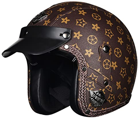 Jethelm, Integrierter Motorradhelm, Retro-PU-Leder-Halbhelm Mit ECE-Zulassung, Jet-Helm-Halbhelm, Jethelm für Männer Damen Sicherheit Schutz A,L
