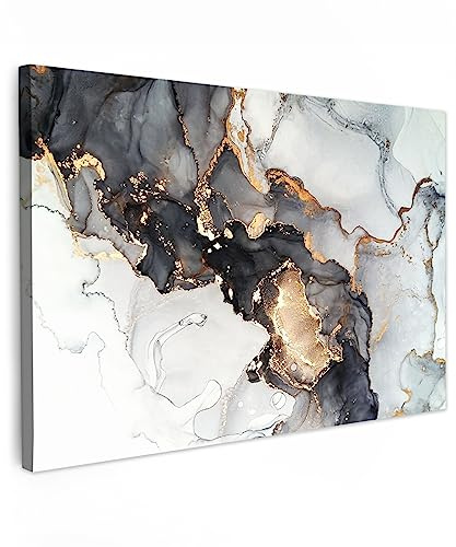 MuchoWow© Bild auf Leinwand Schlafzimmer Bilder Wand Goldene Deko | 90x60 cm - Wohnzimmer Modern Wanddeko Gold Bilderwand Geschenk Marmor - Abstrakt - Schwarz Weiß - Luxus
