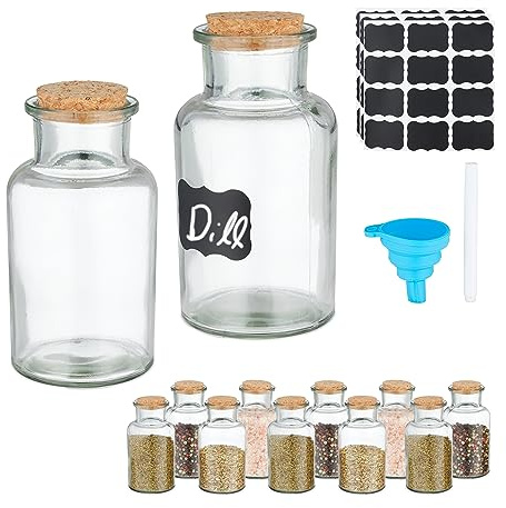 Relaxdays Barattoli Spezie, Set di 12 Vasetti in Vetro 250 ml, Contenitori con Tappo in Sughero, con Etichette e Imbuto, 13 x 6.5 x 6.5 cm