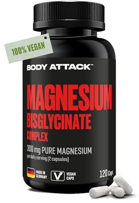 Body Attack Magnesium Bisglycinat Complex - 120 Caps - Reiner Wirkstoff in hochdosierten Magnesium Kapseln - Made in Germany, vegan - Bisglycinate mit hoher Bioverfügbarkeit