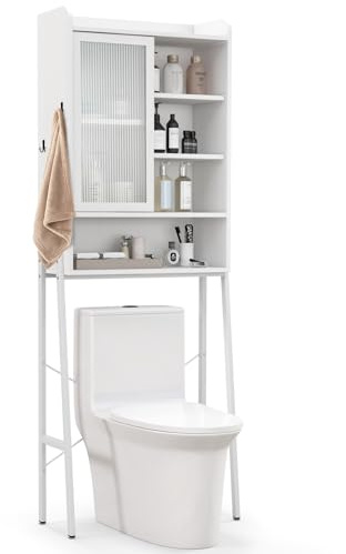 COSTWAY Meuble WC Au-Dessus de Toilettes avec Porte Vitrée Coulissante, Meuble de Rangement Moderne Cadre en Métal, 2 Crochets, Étagères Réglables, 29 x 63 x 170 cm, Blanc