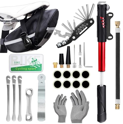 DERERSTE Kit d'outils de réparation de vélo & Pompe à Pneu de vélo, Home Bike Tool Portable Patches Fixes, gonfleur, Entretien pour Le Camping Travel Essentials Tool Bag (Rouge)