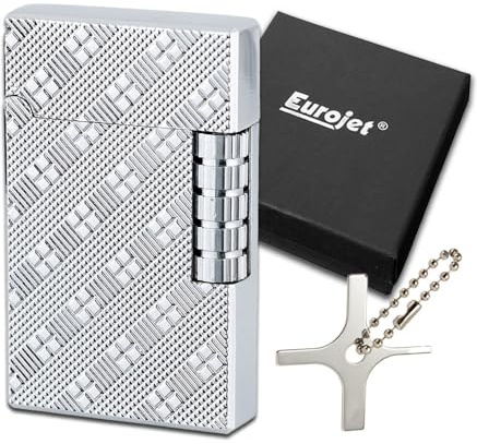 Feuerzeug Silber Chrom | Design Prägung | Stand Flamme | Edles Set Gas Marken Feuerzeug + Coumo Justier Werkzeug | Geschenkverpackung | Material: Metall