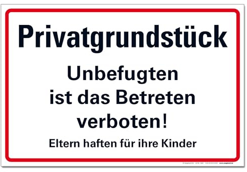 BUEWA-Schilder Privatgrundstück Betreten verboten Warnschild PVC 300 x 200 x 3 mm Vorgebohrt B1-zertifiziert