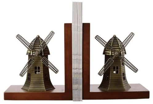Yingbei Vintage-Bronze-Windmühlen-Buchstützen aus Metall – Buchstopper aus Metall, einzigartige und schwere Buchstützen für Regale als Bürodekoration