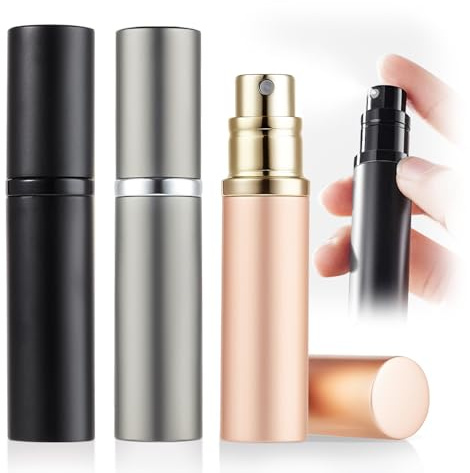 ASADAYS Bärbar parfym atomiserare, påfyllningsbar – 5 ml tom resesprayflaska, Nano dimma, bottenfyllning, mini-atomiserare, fickstorlek, Colognedispenser för kvinnor och män (svart och grå och R.Guld