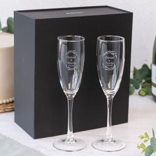 Wanapix | Calici da Spumante Personalizzato | Con Scatola Regalo | Set da 2 | Bicchiere da Champagne | Flute Spumante | Inciso al Laser | 20 cl | Regalo originale | Anniversario