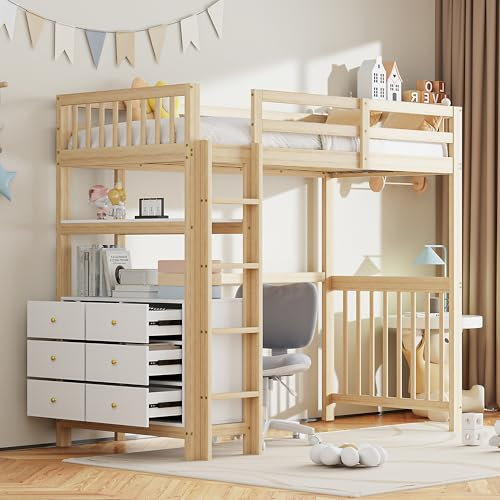 Merax Hochbett 90x200 cm mit Schublade, Multifunktionales Hochbett für 1 Person mit Regal, Weiß und Holz (ohne Matratze)