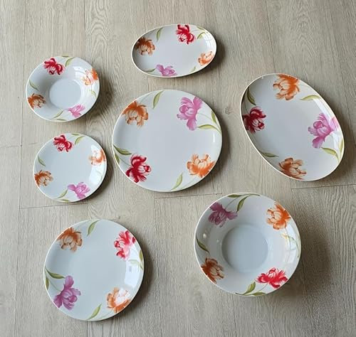 WEISSESTAL Servizio Piatti Floreale, 40 Pezzi, Set Completo con Piatti Piani, Fondi e Ovali, Decorazione Rosa e Arancio
