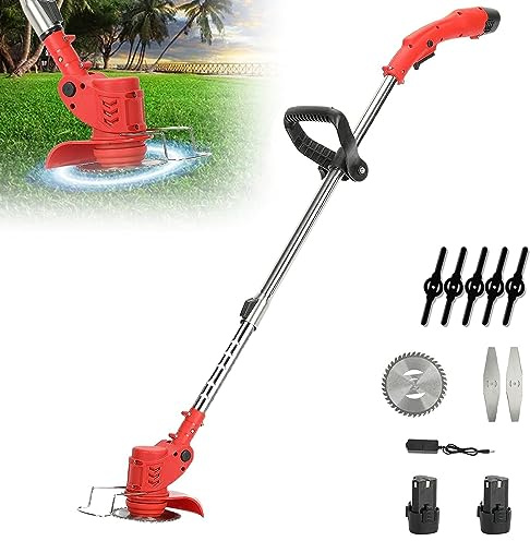 Corte de borde inalámbrico con batería, desbrozadora eléctrica inalámbrica con 3 tipos de cuchillas, diámetro de corte de 15 cm, corte con borde con tubo telescópico, para corte de jardín (2 baterías)
