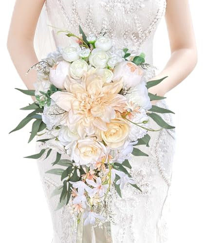 LCiclly 25,4 cm kaskadierende Blumensträuße für Braut, Herbst, Hochzeit, Brautstrauß, groß, champagnerfarben, elfenbeinfarben, weiße Rose, künstliche Seidenblume, Boho, rustikale Vintage-Zeremonie,
