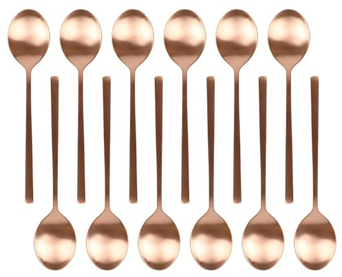 Argon Tableware 12 Stainless Steel Dessert Spoons – 20cm Copper Finish Modern Cutlery Set for Dining, Puddings & Desserts – Stylish Dishwasher Safe Tableware