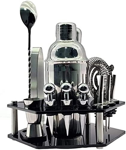 Kit de coctelera de 14 Piezas de Acero Inoxidable con recipientes para coctelería, medidor, Cuchara, vertedores, mortero, colador, Pinzas, abridor de Botellas y Soporte.