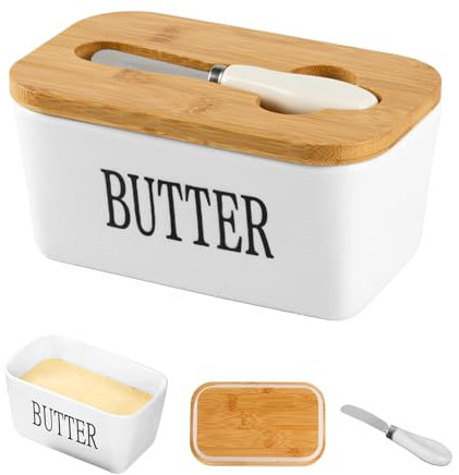 Burriera in ceramica con coperchio e coltello, burriera ermetica con coperchio in legno, multiuso, 350 ml, contenitore per burro per bancone o frigorifero, per formaggio o noci (bianco)