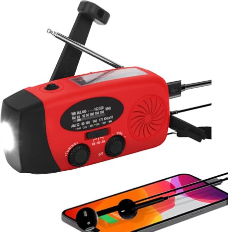 Portable solar radio with AM/FM/NOAA weather,SOS Alarm And Hand Crank Dynamo, rechargeable 2000 mAh battery, USB mobile phone charger, LED torch, for emergencies, camping (Red)