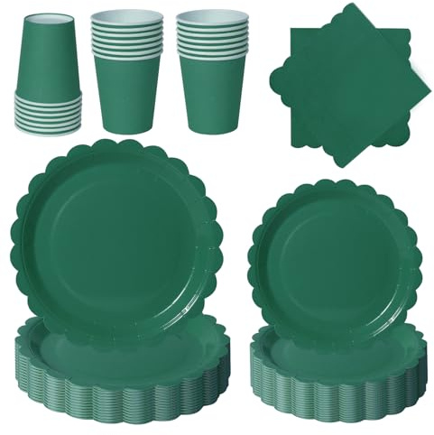 PYAILI Anniversaire Vaisselle de fete 96 Pièces Vert Foncé Party Assiettes en Papier Set Assiettes de Fête Papier Tasses Serviettesr, pour Barbecue les Fêtes les Pique-niques -24 Invités