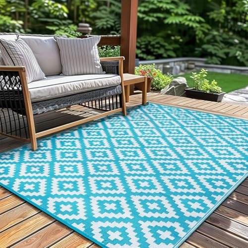 Jyswx Alfombra impermeable para exteriores, 150 x 240 cm, reversible, antideslizante, de plástico, fácil de limpiar, alfombra de jardín para patio, terraza, camping, playa, picnic, patio trasero (azul