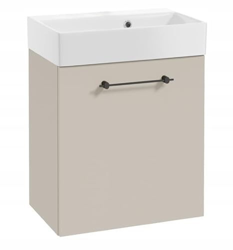 DomoDomo - Meuble sous-lavabo suspendu de 60 cm de large, en cachemire mat, avec lavabo, fermeture amortie, meuble de salle de bain pour petites salles de bains, poignée noire